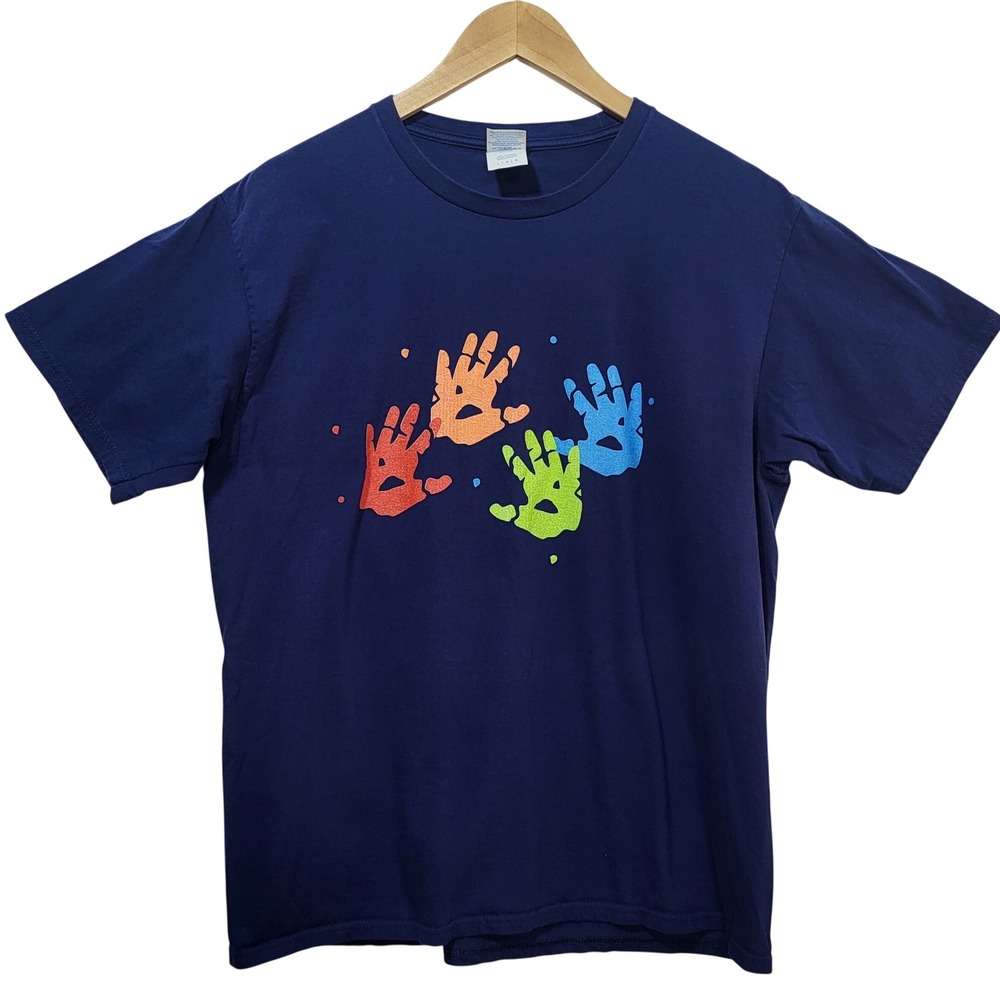 Port & Company Navy Blue Handprint Graphic Tee Shirt‎ Large Ring Spun Cotton